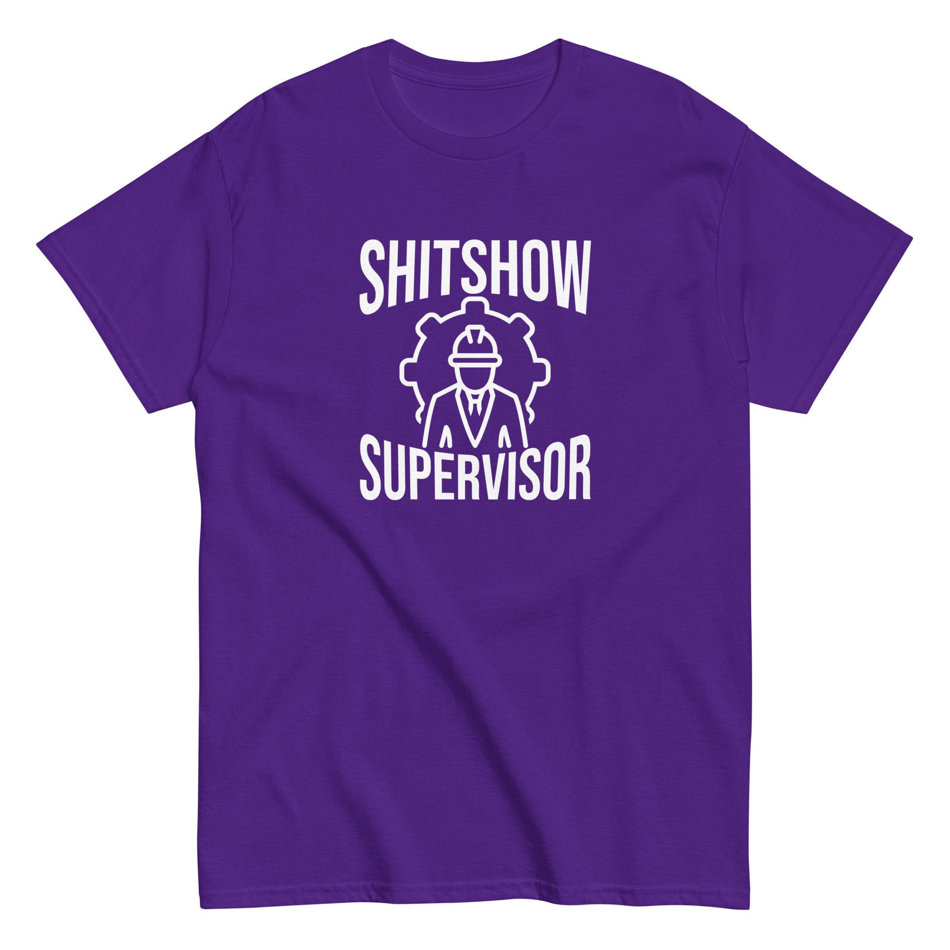 The Shitshow Supervisor T-Shirt by FunnyDripStore features “SHITSHOW SUPERVISOR” in white and a supervisor line drawing—perfect funny merch for meme lovers seeking humor tees.