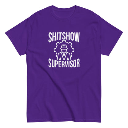 The Shitshow Supervisor T-Shirt by FunnyDripStore features “SHITSHOW SUPERVISOR” in white and a supervisor line drawing—perfect funny merch for meme lovers seeking humor tees.