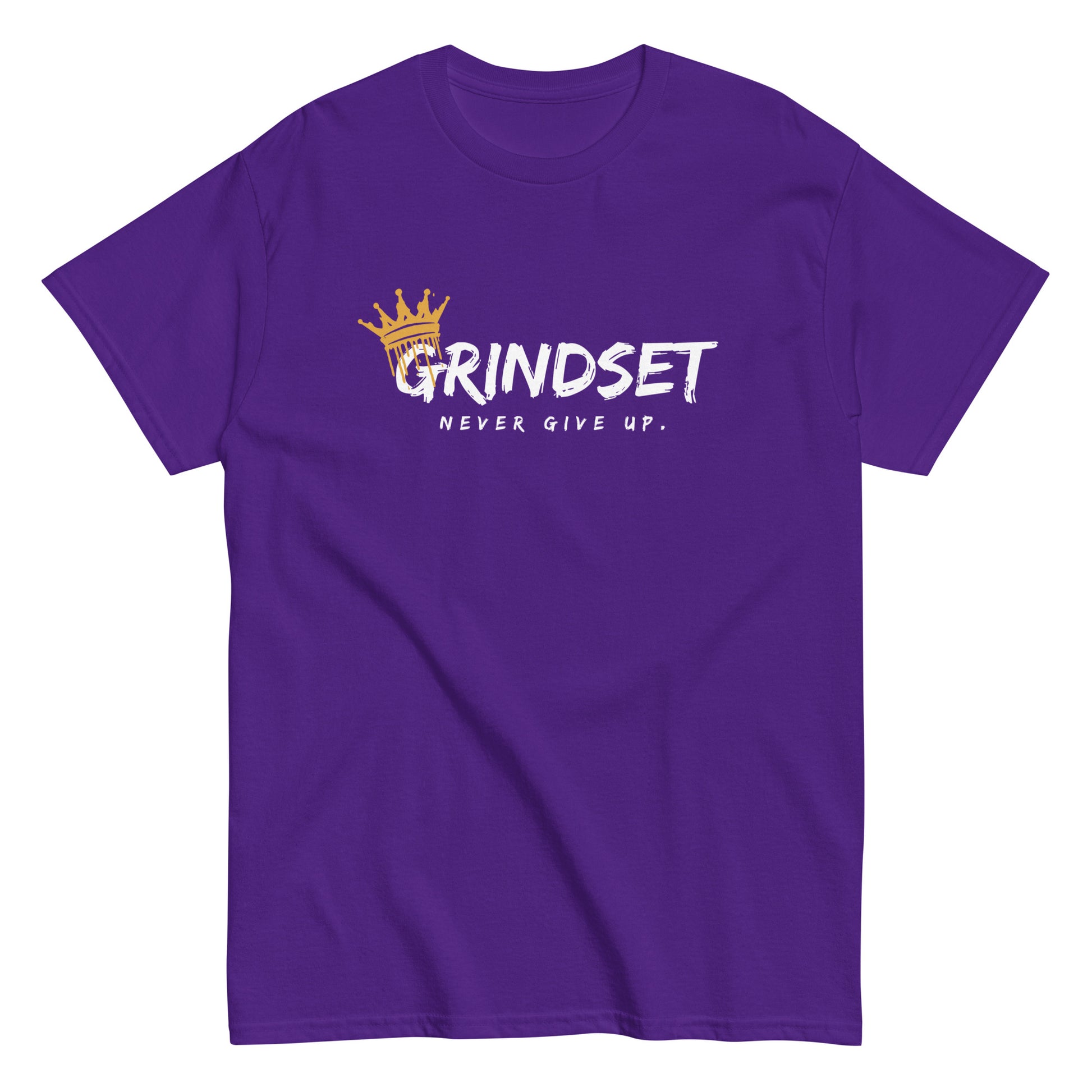 The Grindset T-Shirt by FunnyDripStore is a purple tee featuring GRINDSET in bold white letters with a gold crown over the G, and NEVER GIVE UP. below—ideal for fans of clever text shirts.