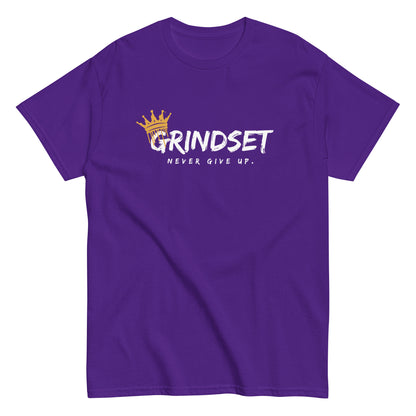 The Grindset T-Shirt by FunnyDripStore is a purple tee featuring GRINDSET in bold white letters with a gold crown over the G, and NEVER GIVE UP. below—ideal for fans of clever text shirts.