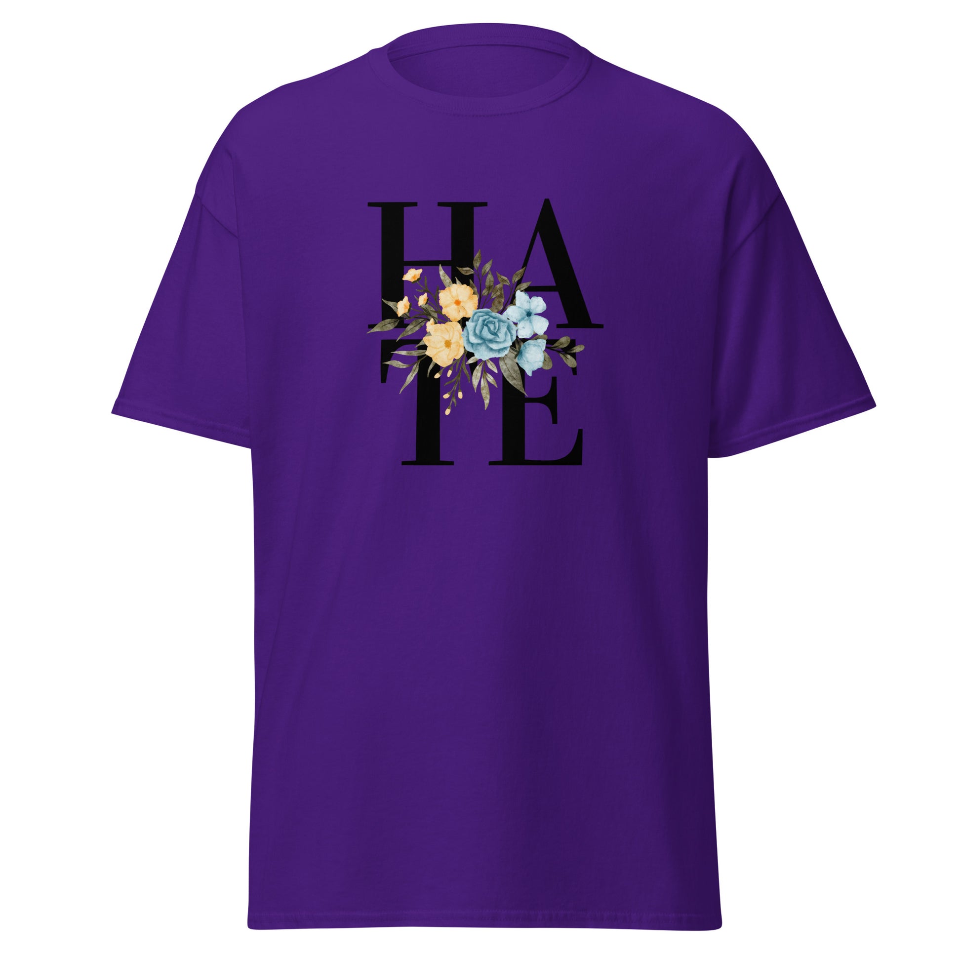 The Hate T-Shirt by FunnyDripStore features HATE in bold black text on white, overlaid with yellow and blue flowers plus green leaves—a unique, funny shirt designed to spark conversation.
