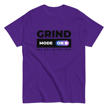 The Grind Mode On T-Shirt by FunnyDripStore features bold black GRIND MODE text with a purple ON switch icon on white. Below, ALL DAY EVERY DAY appears in smaller black text—a fun pick for nonstop hustlers.