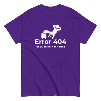 The FunnyDripStore Error 404 T-Shirt in black features a graphic of a relaxed person and the “Motivation not found” caption—perfect for showing off your laid-back mood with humor.