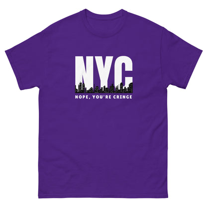 The Nope You’re Cringe T-Shirt by FunnyDripStore features bold white NYC text above a city skyline and NOPE, YOU’RE CRINGE below—all on a black shirt. Perfect funny meme tee for anyone with attitude.