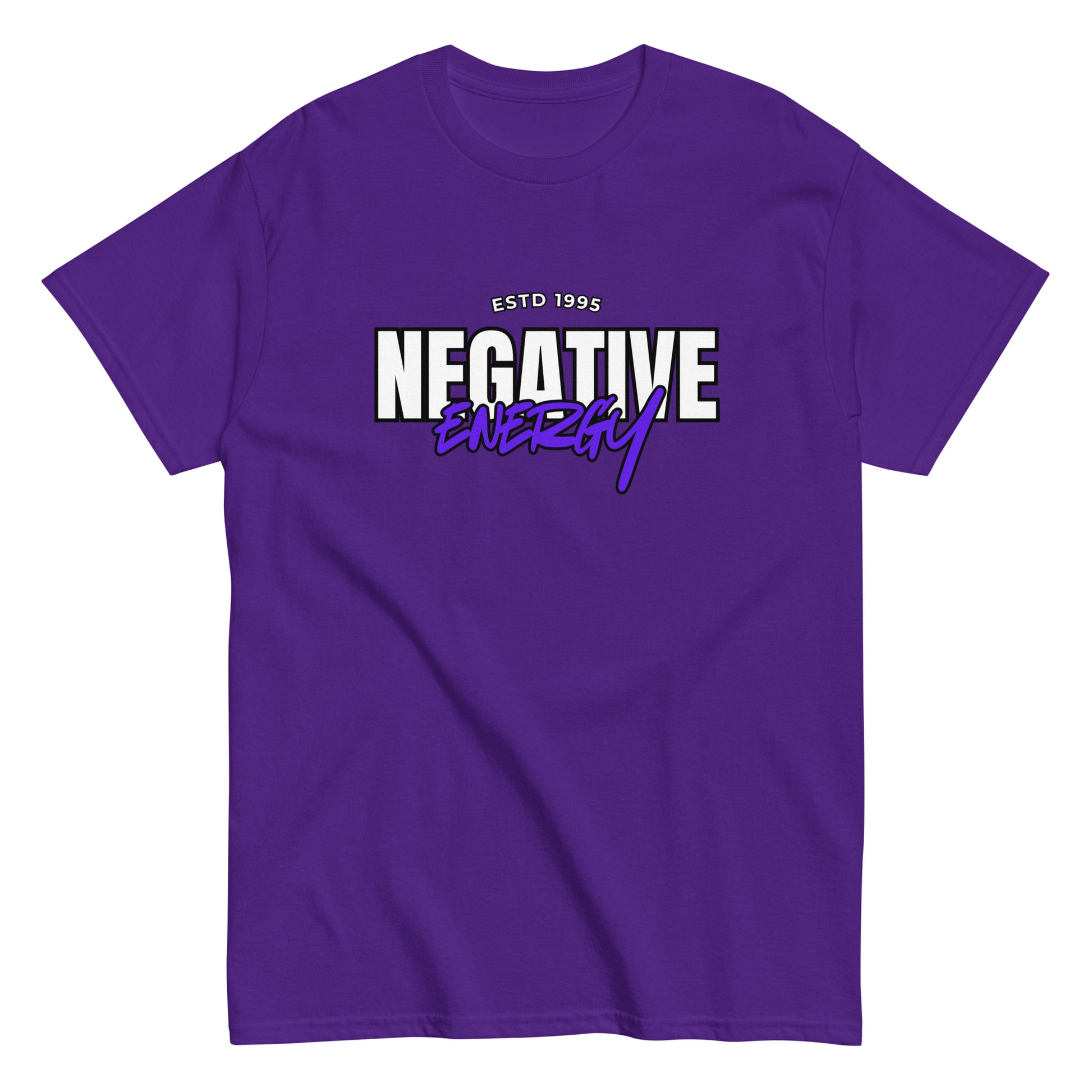 The Negative Energy T-Shirt by FunnyDripStore is a white tee featuring bold black and purple ESTD 1996 NEGATIVE ENERGY lettering—perfect for fans of witty, playful merch.