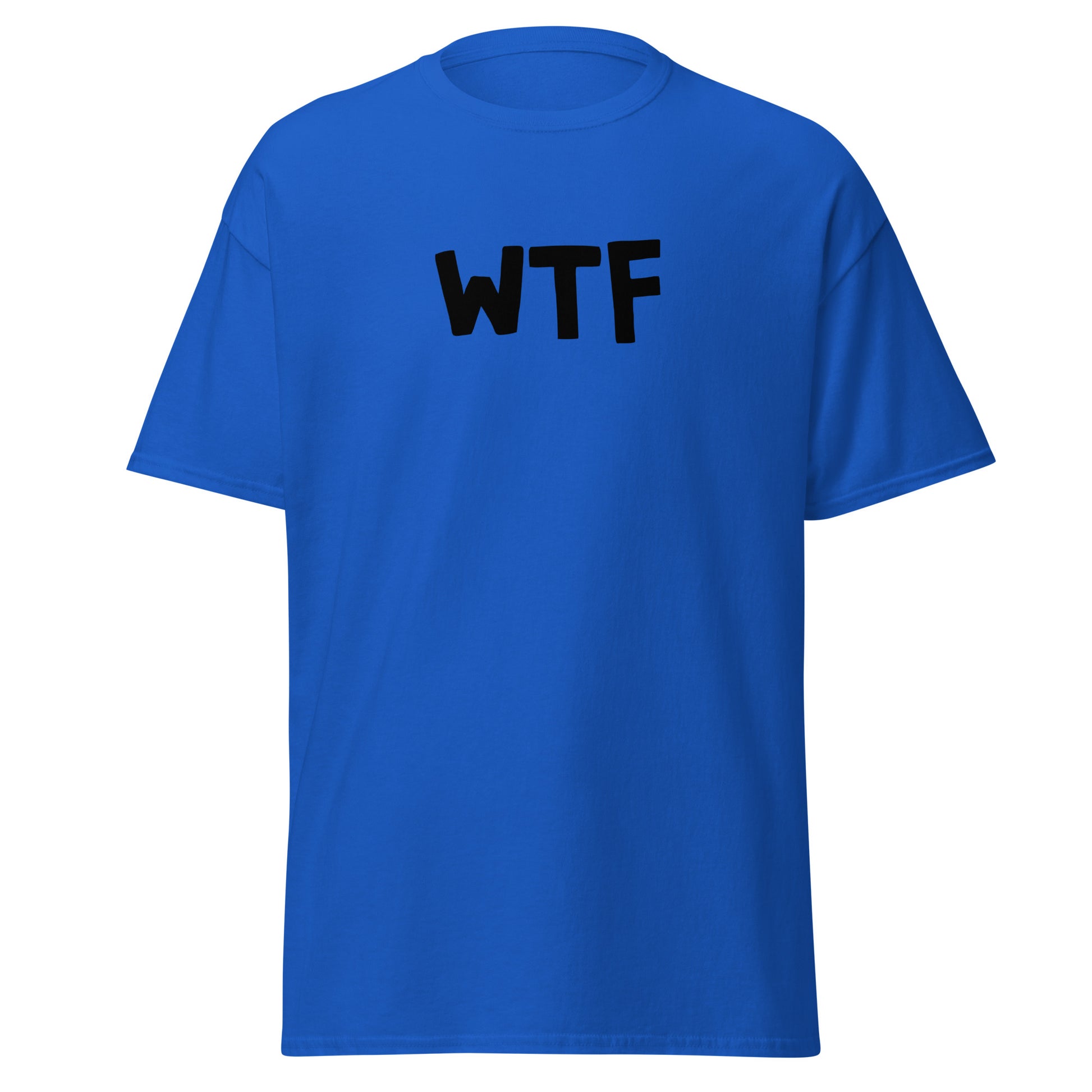 The WTF T-Shirt by FunnyDripStore is a black meme tee with bold, white, cartoon-style WTF lettering—ideal for anyone who loves wearing a funny t-shirt with attitude.