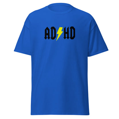 The ADHD T-Shirt by FunnyDripStore features ADHD in bold white letters with a yellow lightning bolt as the second H, styled like the AC/DC logo—a great gift for anyone who loves funny graphic tees.