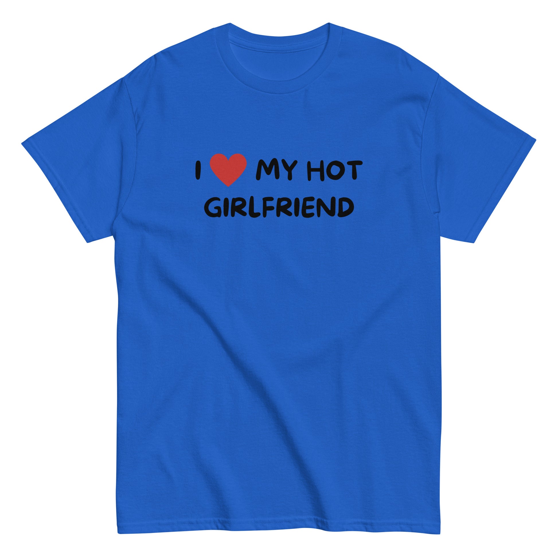 The I Love My Hot Girlfriend T-Shirt by FunnyDripStore features bold white lettering and a red heart on a purple shirt—a fun, standout choice for anyone who loves quirky and eye-catching clothing.