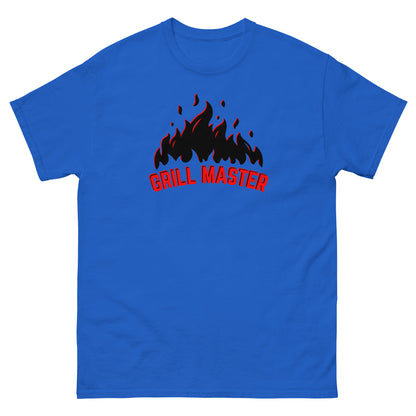 The Grill Master T-Shirt by FunnyDripStore: a yellow tee with black flames above bold red GRILL MASTER text—funny merch perfect for any BBQ lover.