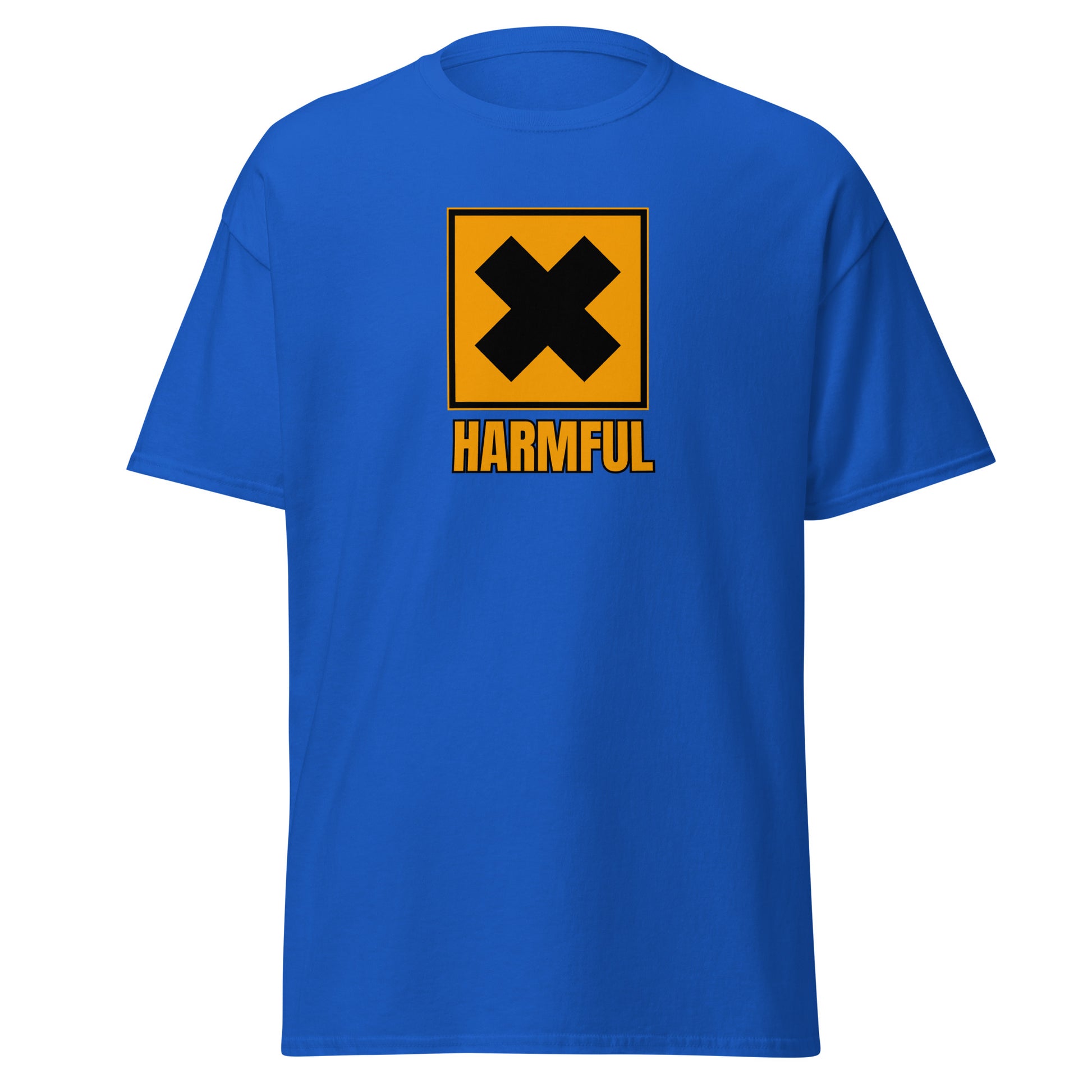 The Harmful T-Shirt by FunnyDripStore is a yellow meme shirt with a bold black X in a square above HARMFUL in black letters on the chest.