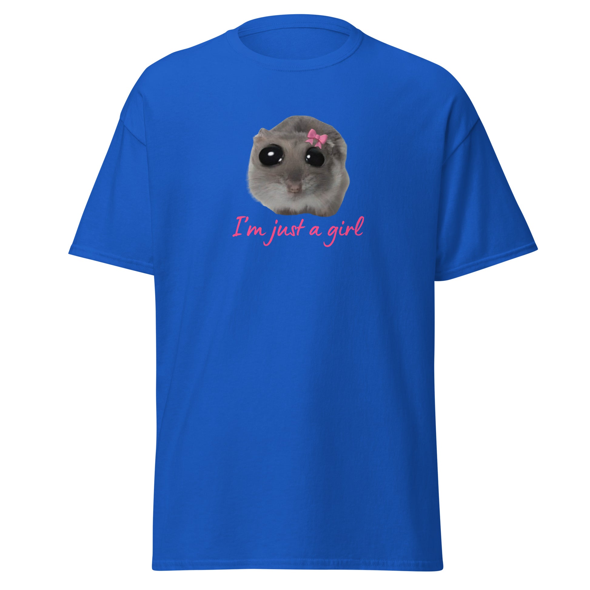 The Im Just A Girl T-Shirt from FunnyDripStore features a cute hamster with a pink bow and large eyes, plus “Im just a girl” in pink cursive—perfect for anyone who loves adorable, quirky text shirts.