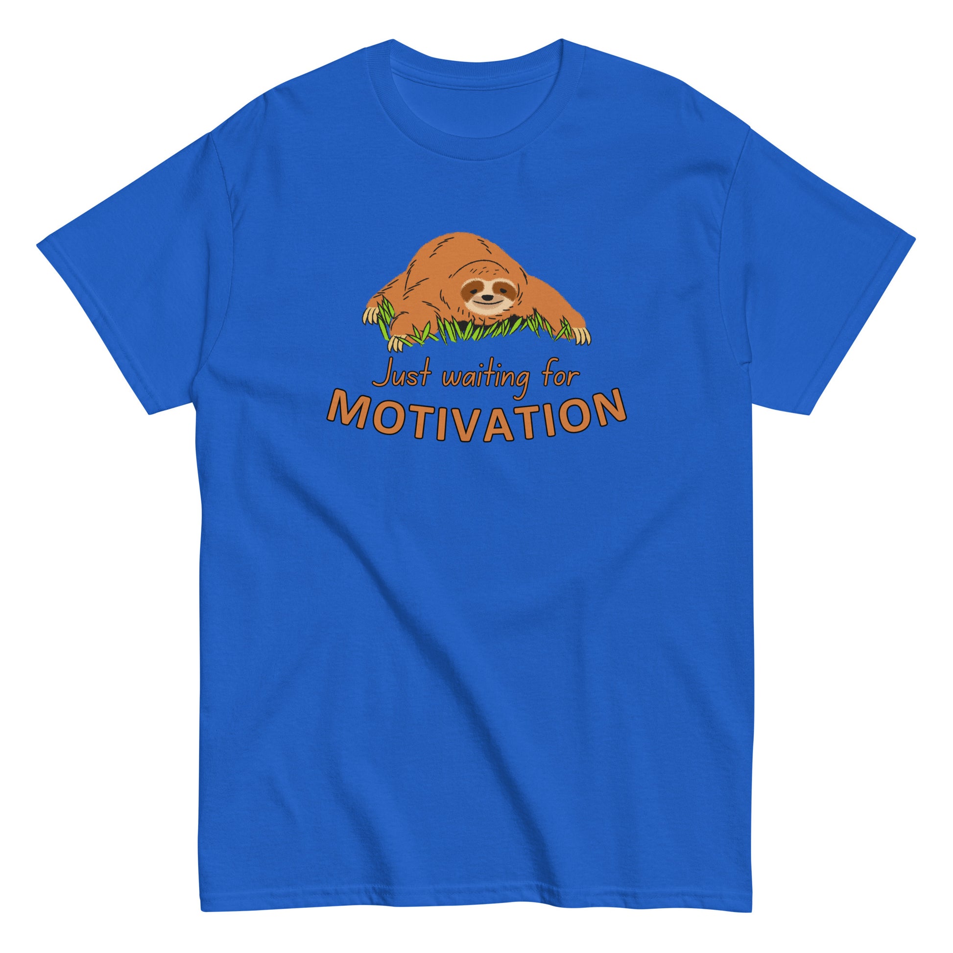 The Just Waiting For Motivation T-Shirt by FunnyDripStore features a smiling sloth on grass above bold orange and yellow text—a perfect choice for fans of funny apparel.