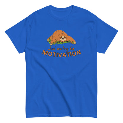 The Just Waiting For Motivation T-Shirt by FunnyDripStore features a smiling sloth on grass above bold orange and yellow text—a perfect choice for fans of funny apparel.