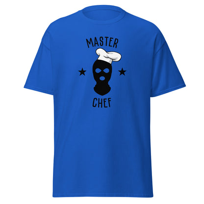 The Master Chef T-Shirt by FunnyDripStore features a black ski mask in a chef’s hat, two black stars, and bold “MASTER CHEF” text above and below the graphic.