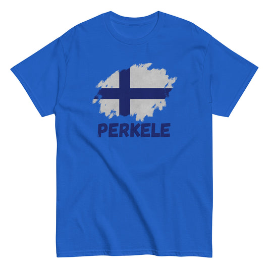 The Perkele T-Shirt by FunnyDripStore features a white design with a brushstroke Finnish flag above bold blue PERKELE text—a unique, funny tee for fans of quirky merch.