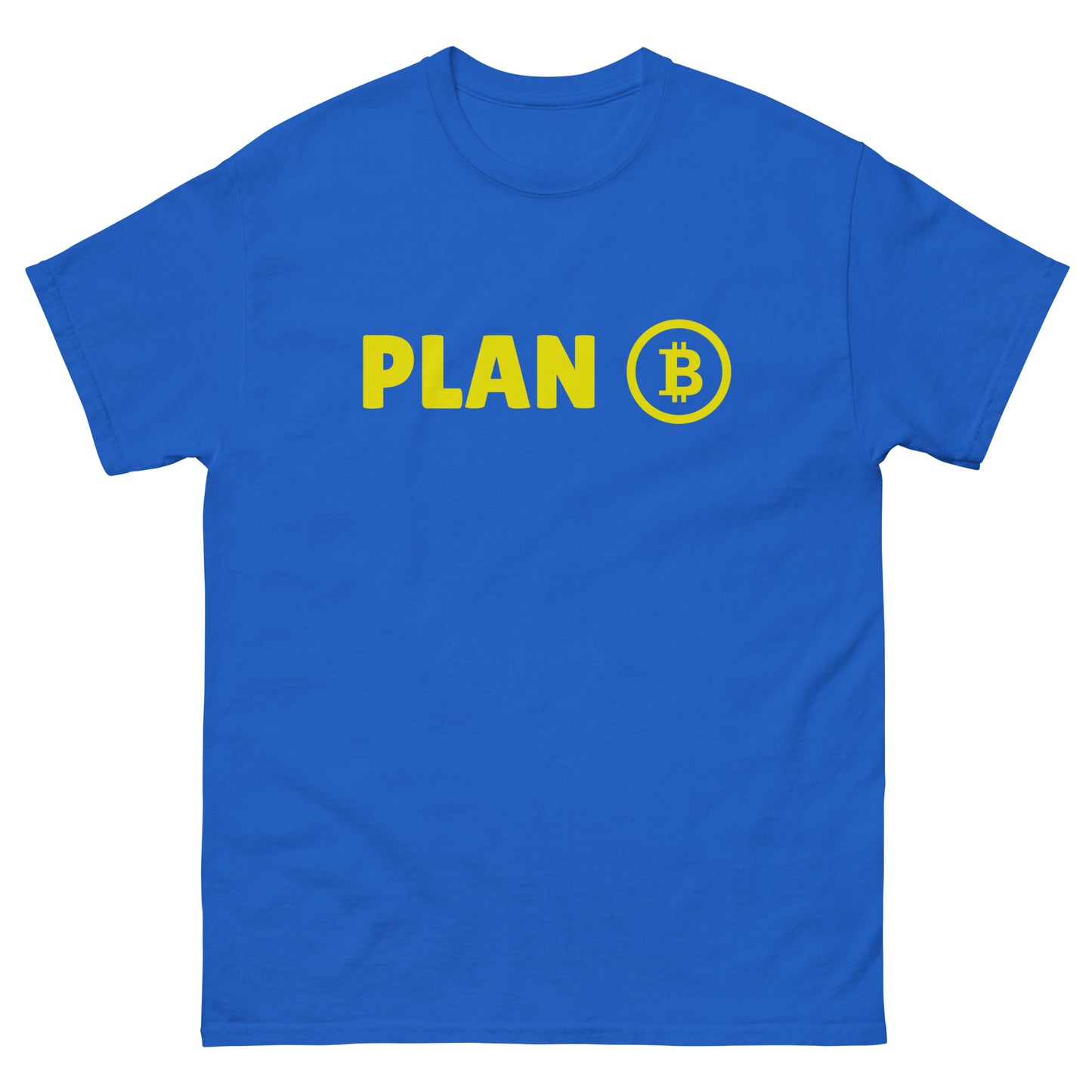 The Plan B T-Shirt from FunnyDripStore features PLAN in bold yellow letters and a yellow Bitcoin symbol inside a circle on the chest—a fun meme shirt perfect for fans of funny clothing.