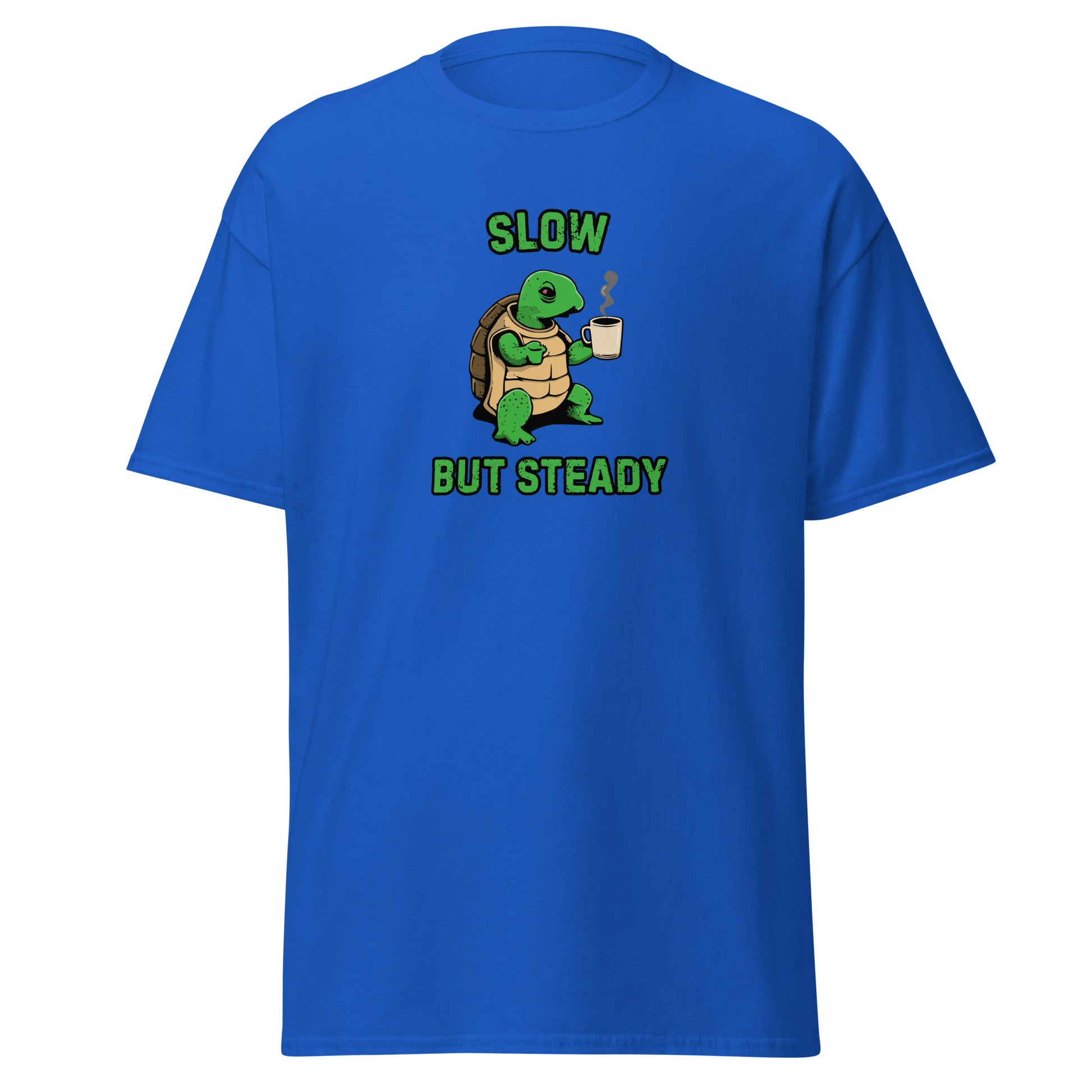 The FunnyDripStore Slow But Steady T-Shirt is a black tee with a cartoon turtle holding a coffee mug and SLOW above and BUT STEADY below in green—perfect meme shirt for coffee lovers.