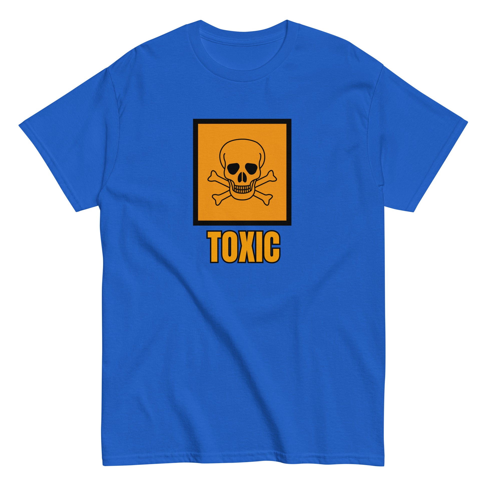 The FunnyDripStore Toxic T-Shirt features a bold yellow square with a black skull and crossbones above TOXIC in yellow on the front. This black meme shirt is perfect for those who love humorous clothing.