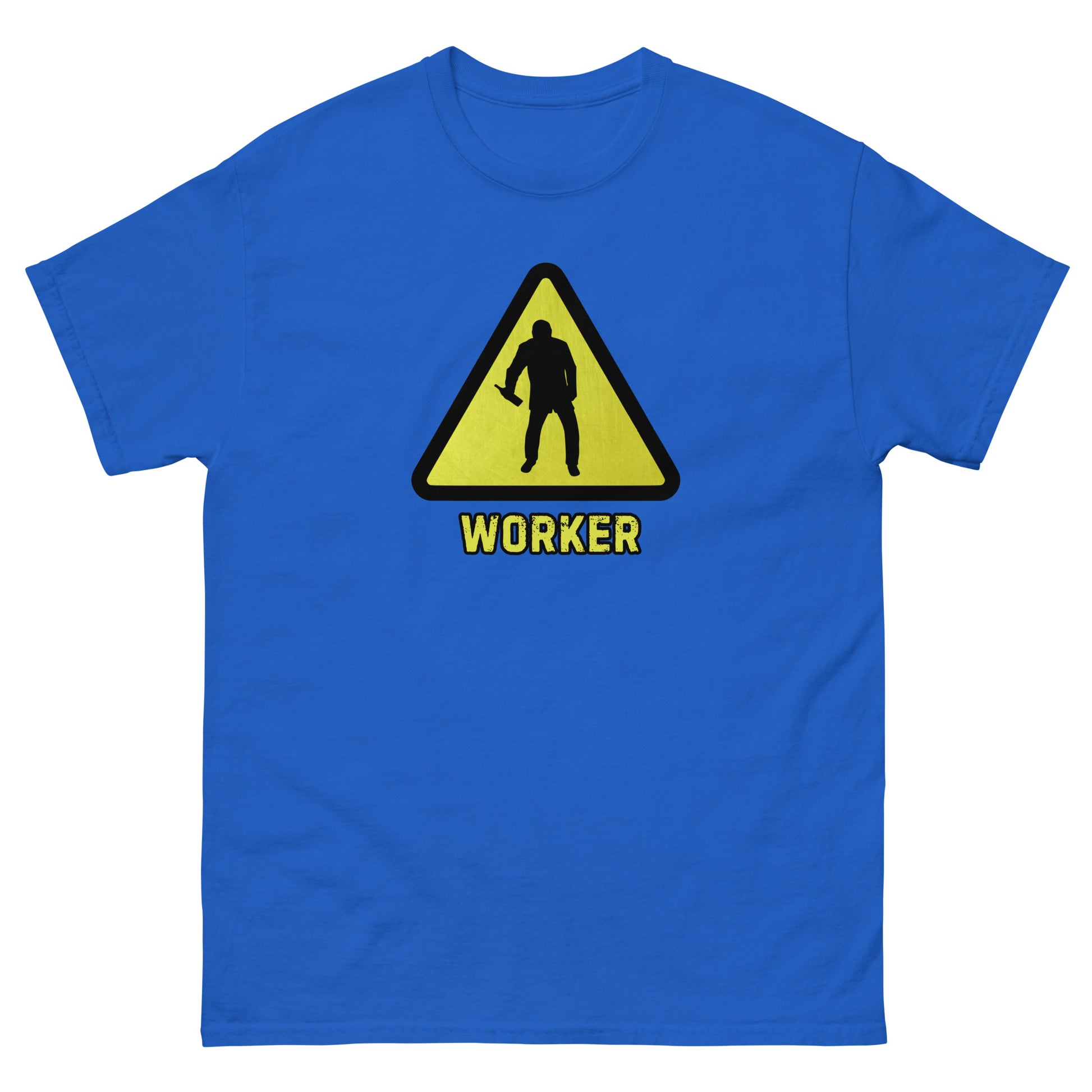 The Worker T-Shirt by FunnyDripStore features a yellow triangular warning sign with a worker silhouette and bold yellow WORKER text on black—a funny shirt for anyone who enjoys meme apparel and humorous graphic tees.