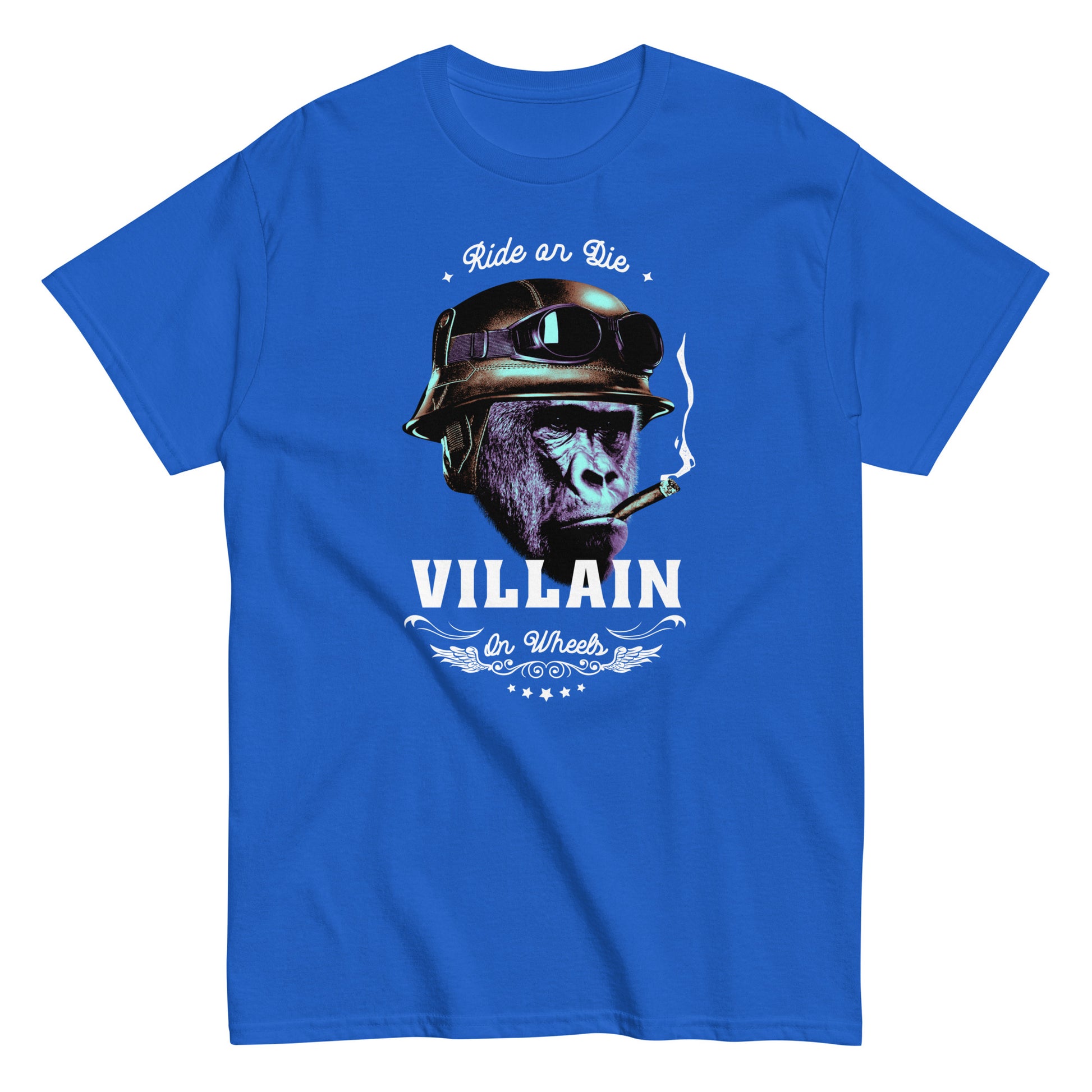 The Villain T-Shirt by FunnyDripStore features a gorilla in a helmet and goggles, smoking a cigarette, with Ride or Die above and Villain on Wheels below. This bold black tee is perfect for fans of unique, funny clothing.