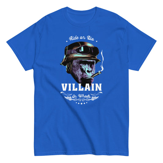 The Villain T-Shirt by FunnyDripStore features a gorilla in a helmet and goggles, smoking a cigarette, with Ride or Die above and Villain on Wheels below. This bold black tee is perfect for fans of unique, funny clothing.