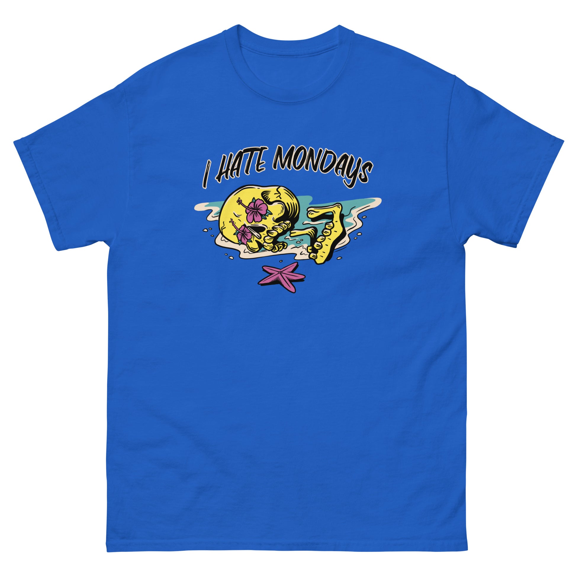 The FunnyDripStore I Hate Mondays T-Shirt in white features a cartoon skeleton lounging on the beach with sunglasses, drink, and starfish, plus bold I HATE MONDAYS text—a perfect funny merch gift.