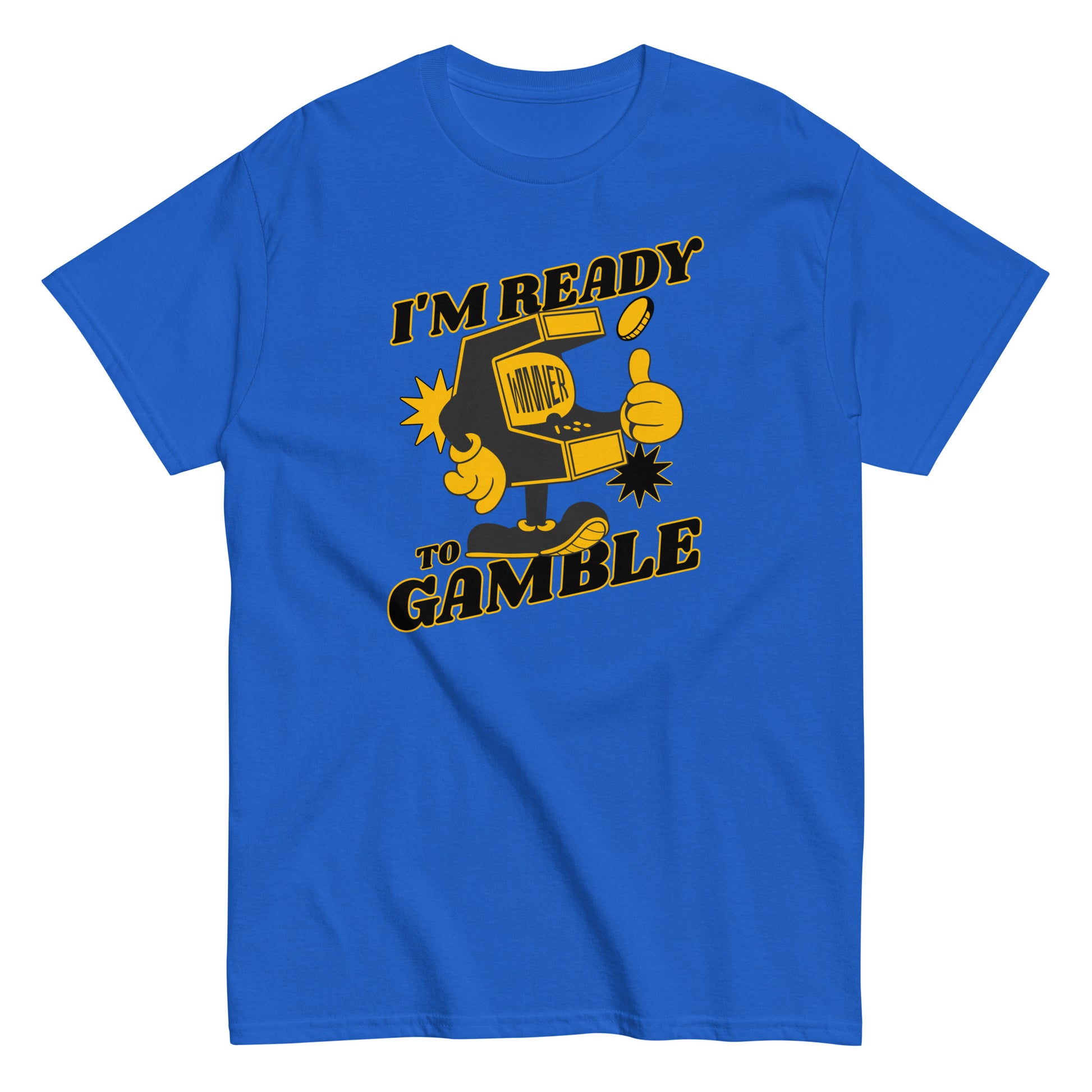 The Im Ready To Gamble T-Shirt by FunnyDripStore comes in gold and features a cartoon slot machine giving a thumbs up with coins, stars, and bold IM READY TO GAMBLE text—perfect for fans of unique and funny clothing.