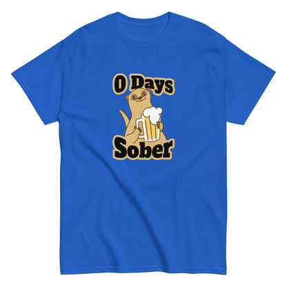 The 0 Days Sober T-Shirt by FunnyDripStore features a cartoon meerkat with a beer mug and bold 0 Days Sober text, printed on a navy shirt—ideal quirky, funny clothing for fans of humorous style.