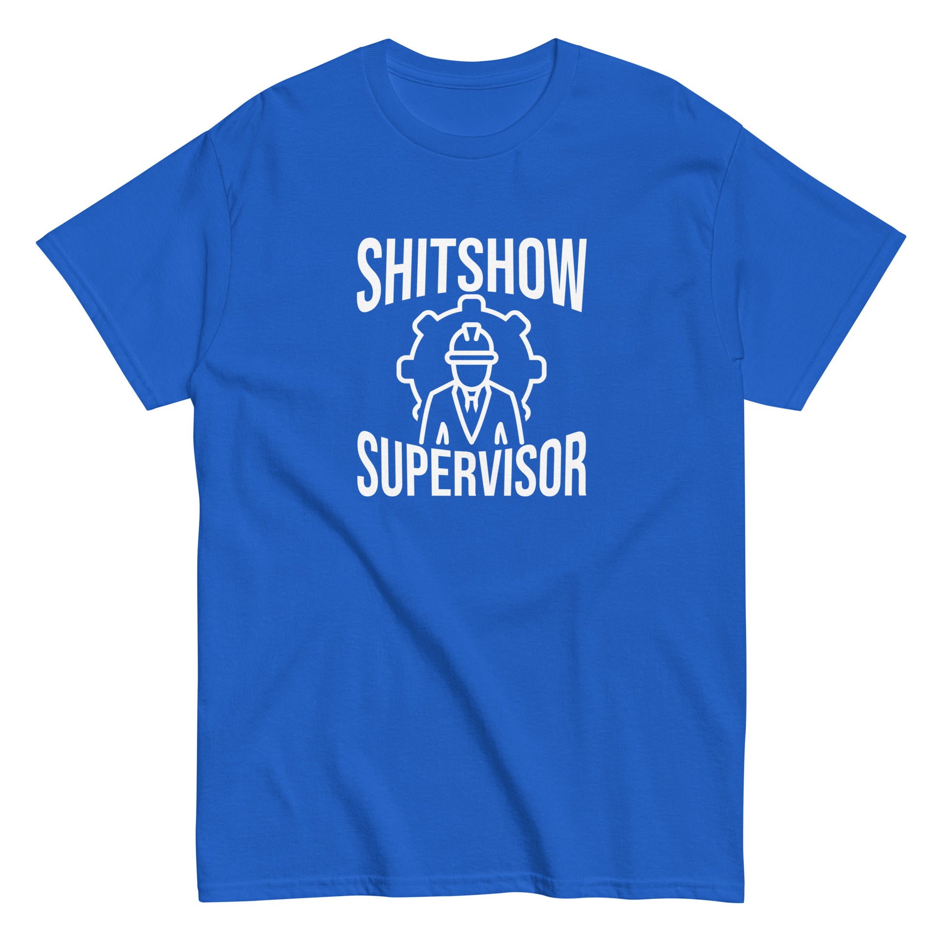 The Shitshow Supervisor T-Shirt by FunnyDripStore features “SHITSHOW SUPERVISOR” in white and a supervisor line drawing—perfect funny merch for meme lovers seeking humor tees.