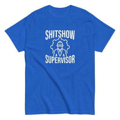The Shitshow Supervisor T-Shirt by FunnyDripStore features “SHITSHOW SUPERVISOR” in white and a supervisor line drawing—perfect funny merch for meme lovers seeking humor tees.