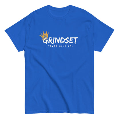 The Grindset T-Shirt by FunnyDripStore is a purple tee featuring GRINDSET in bold white letters with a gold crown over the G, and NEVER GIVE UP. below—ideal for fans of clever text shirts.