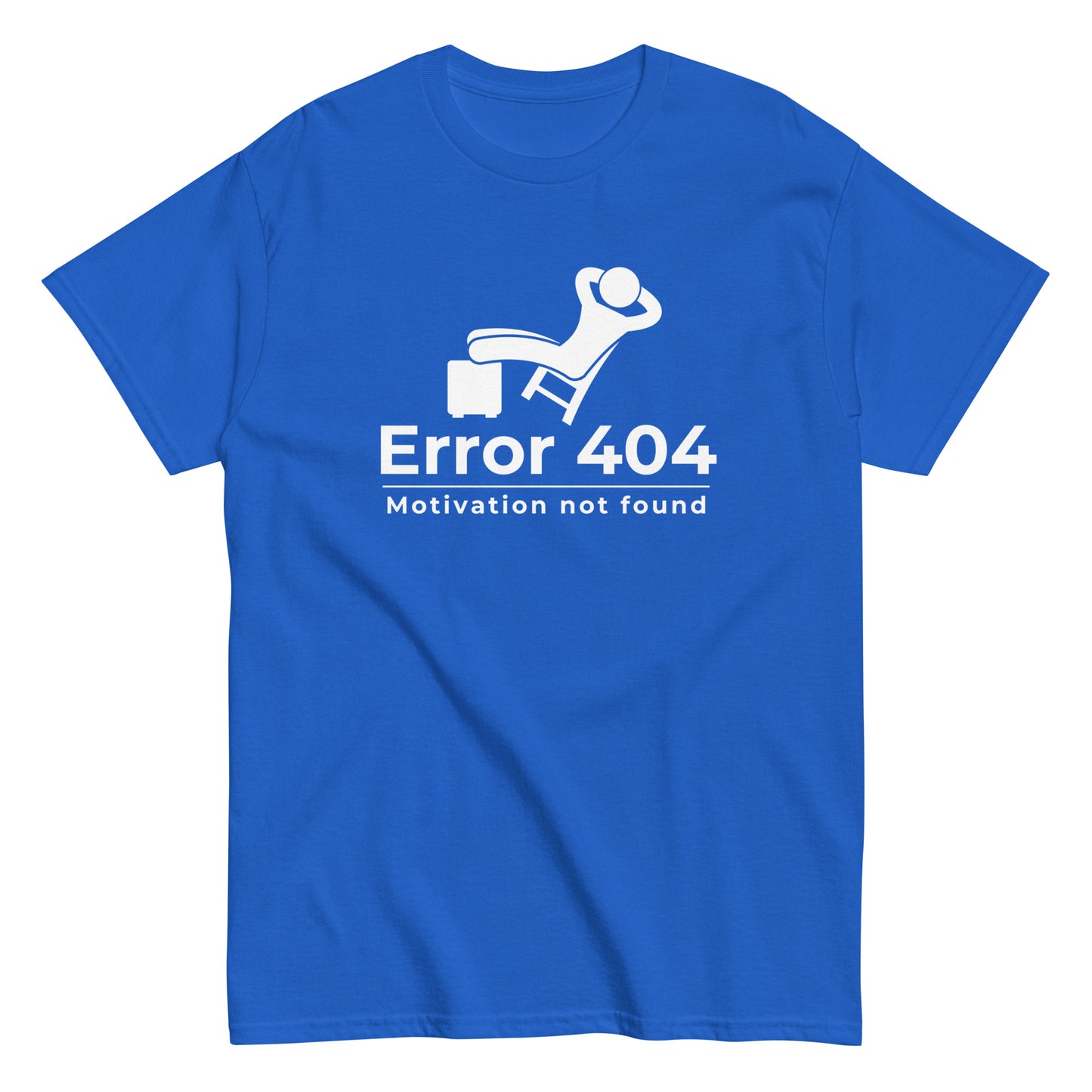 The FunnyDripStore Error 404 T-Shirt in black features a graphic of a relaxed person and the “Motivation not found” caption—perfect for showing off your laid-back mood with humor.