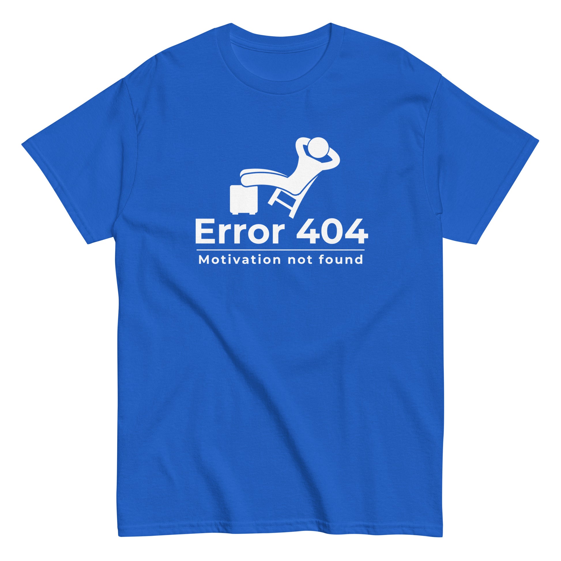 The FunnyDripStore Error 404 T-Shirt in black features a graphic of a relaxed person and the “Motivation not found” caption—perfect for showing off your laid-back mood with humor.