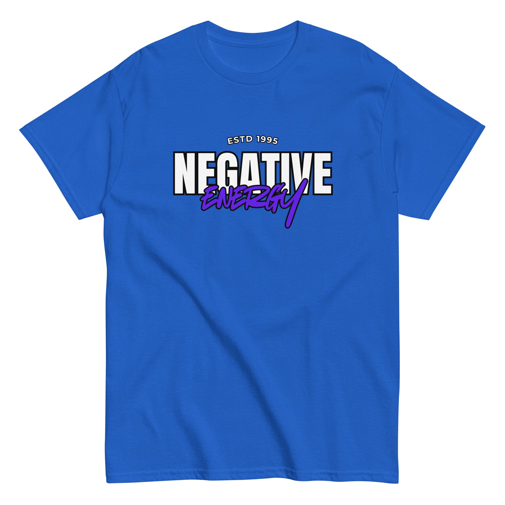 The Negative Energy T-Shirt by FunnyDripStore is a white tee featuring bold black and purple ESTD 1996 NEGATIVE ENERGY lettering—perfect for fans of witty, playful merch.