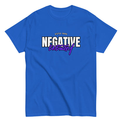 The Negative Energy T-Shirt by FunnyDripStore is a white tee featuring bold black and purple ESTD 1996 NEGATIVE ENERGY lettering—perfect for fans of witty, playful merch.
