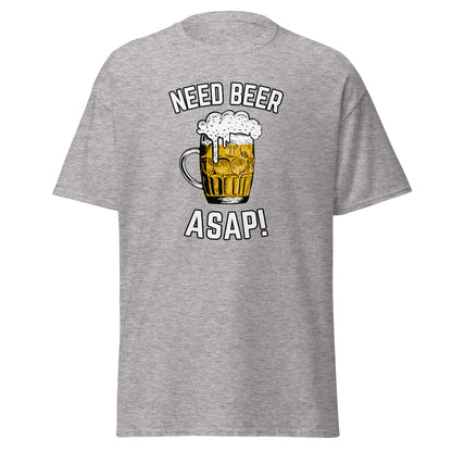 The Need Beer T-Shirt by FunnyDripStore features a frothy beer mug illustration, NEED BEER above and ASAP! below in bold white caps—a humorous meme tee perfect for beer lovers.