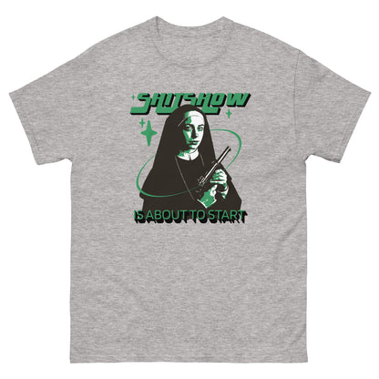 The Shitshow T-Shirt by FunnyDripStore features a nun with a gun, green stars, and bold “SHITSHOW” and “IS ABOUT TO START” text—an edgy, funny tee perfect for humor lovers.
