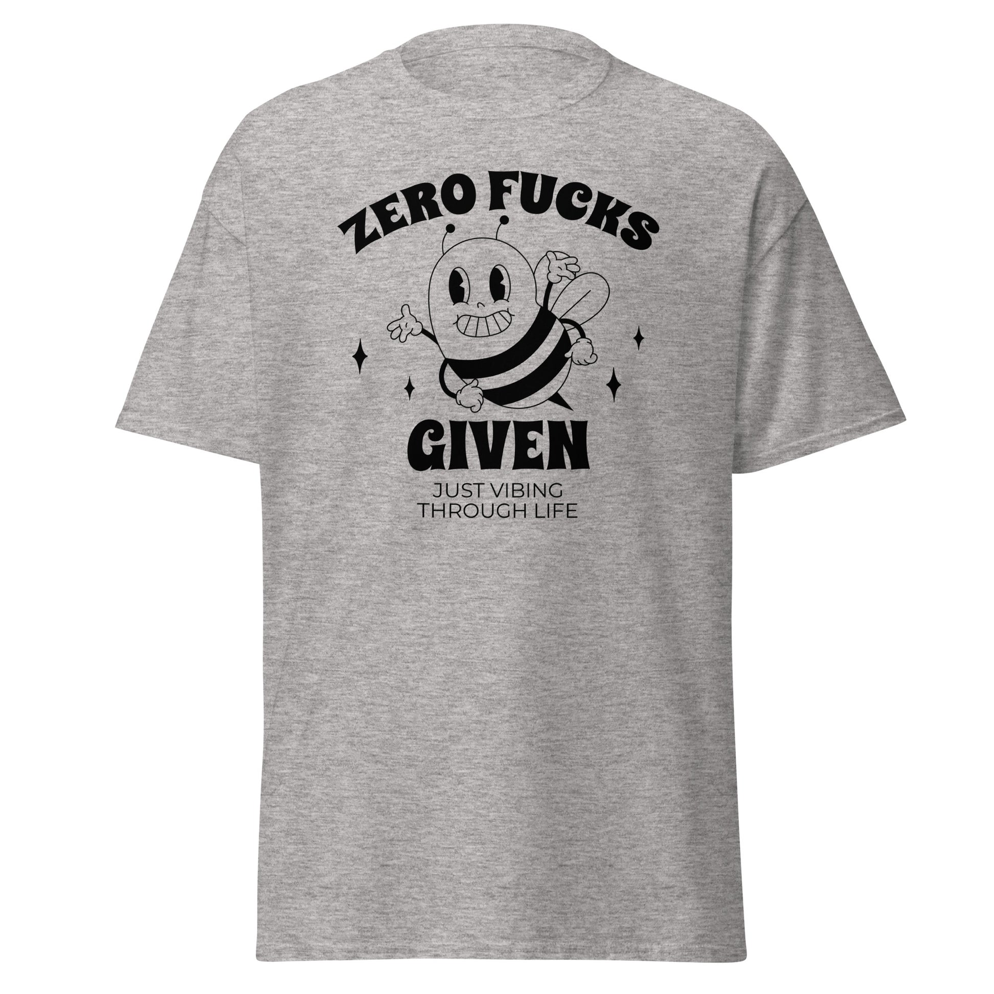 The Zero F*cks Given T-Shirt by FunnyDripStore features a smiling cartoon bee with raised arms, black sparkles, and ZERO F*CKS GIVEN plus JUST VIBING THROUGH LIFE—a perfect funny shirt for meme lovers.
