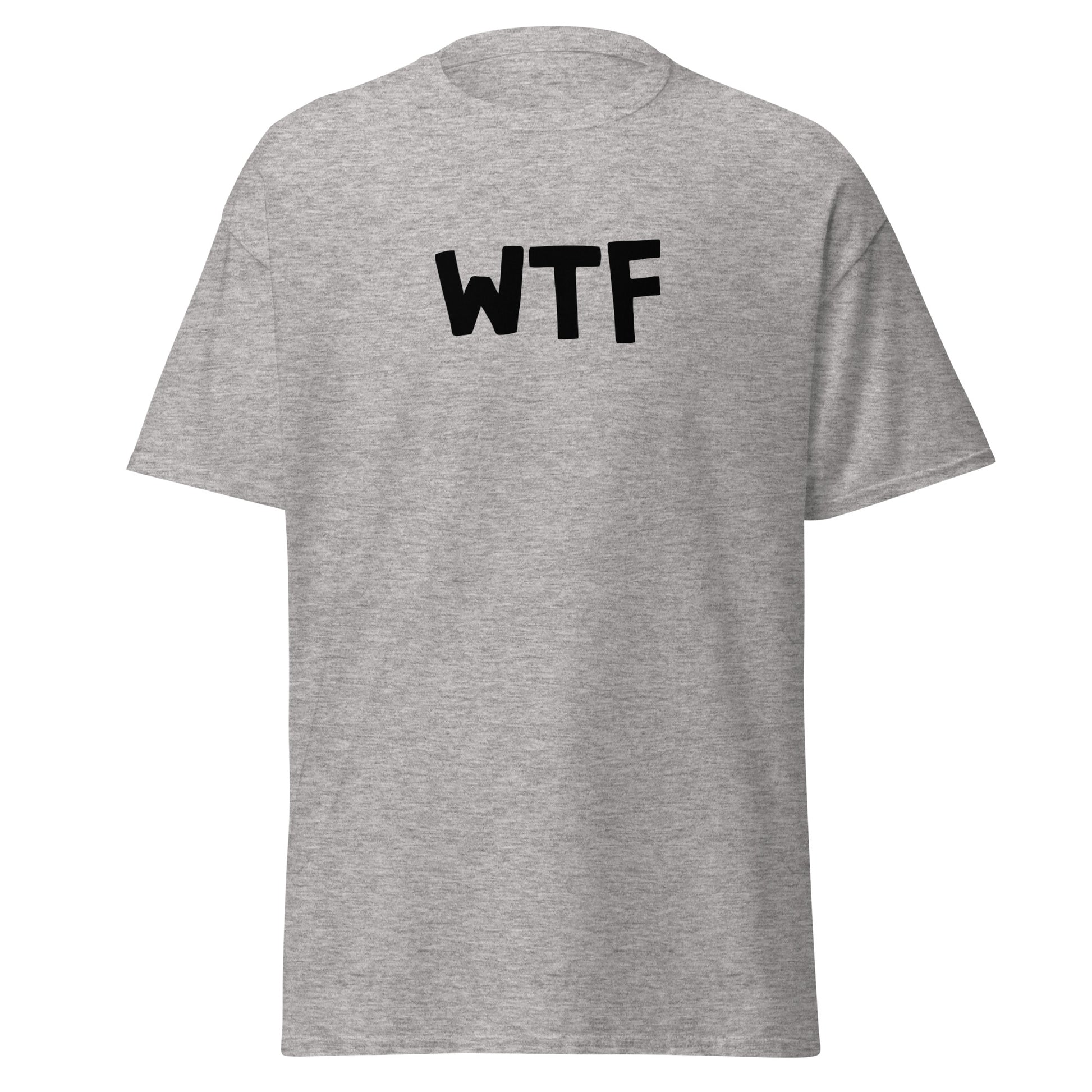 The WTF T-Shirt by FunnyDripStore is a black meme tee with bold, white, cartoon-style WTF lettering—ideal for anyone who loves wearing a funny t-shirt with attitude.