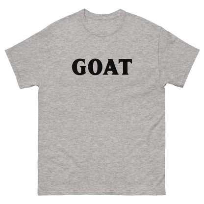 The GOAT T-Shirt by FunnyDripStore is a plain white tee with GOAT in bold, black letters across the chest—an ideal meme shirt for fans of funny clothing.