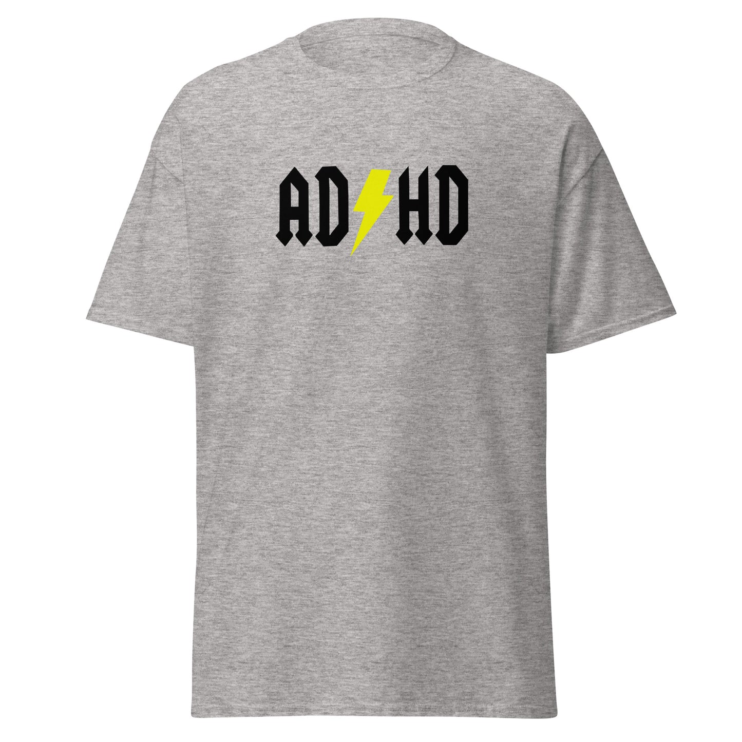 The ADHD T-Shirt by FunnyDripStore features ADHD in bold white letters with a yellow lightning bolt as the second H, styled like the AC/DC logo—a great gift for anyone who loves funny graphic tees.