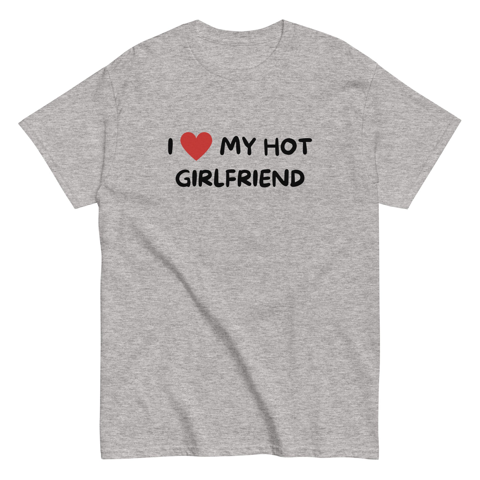 The I Love My Hot Girlfriend T-Shirt by FunnyDripStore features bold white lettering and a red heart on a purple shirt—a fun, standout choice for anyone who loves quirky and eye-catching clothing.