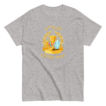 The A**hole Of The Year T-Shirt by FunnyDripStore features a black design with a gold trophy, medals, laurel wreath graphic, and bold yellow text. Perfect funny merch for anyone who loves standout humor.