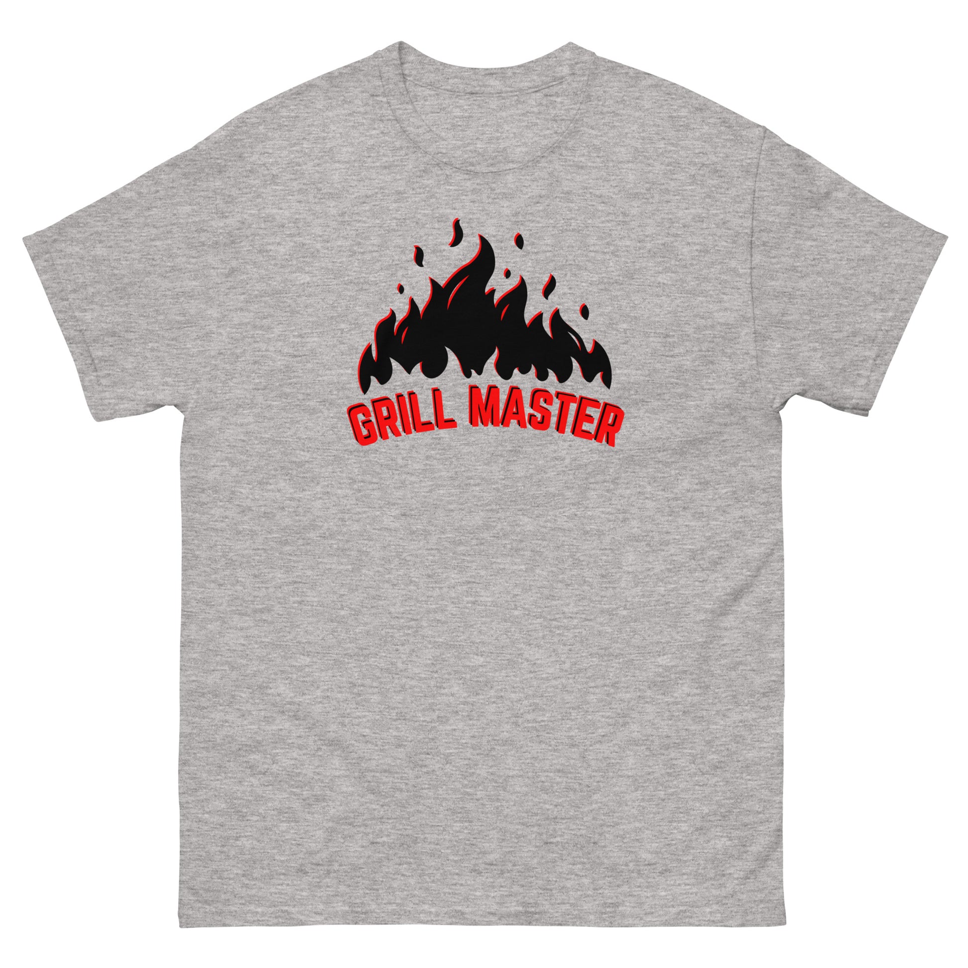 The Grill Master T-Shirt by FunnyDripStore: a yellow tee with black flames above bold red GRILL MASTER text—funny merch perfect for any BBQ lover.