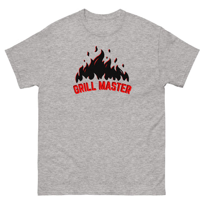 The Grill Master T-Shirt by FunnyDripStore: a yellow tee with black flames above bold red GRILL MASTER text—funny merch perfect for any BBQ lover.