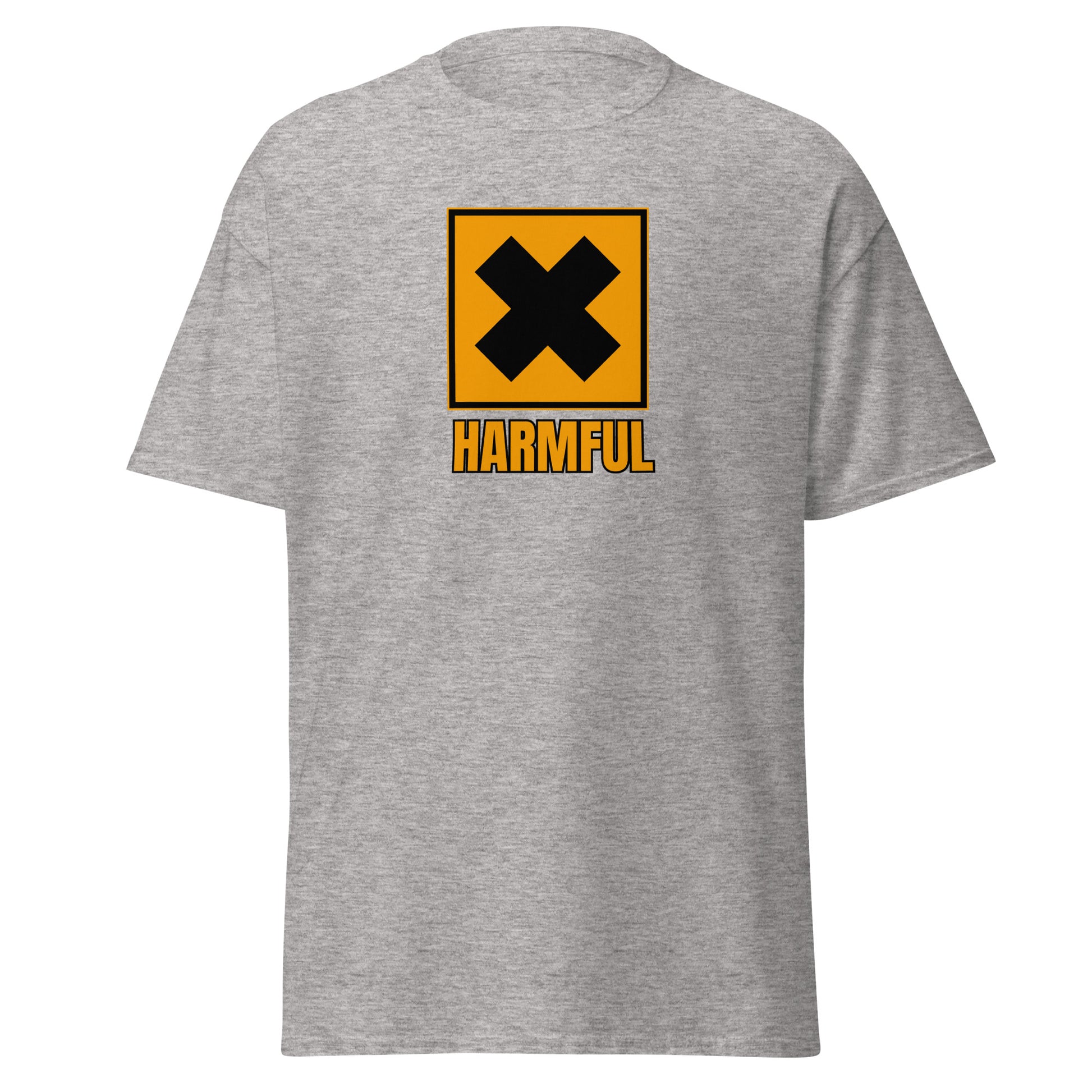 The Harmful T-Shirt by FunnyDripStore is a yellow meme shirt with a bold black X in a square above HARMFUL in black letters on the chest.