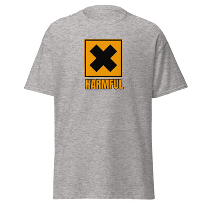 The Harmful T-Shirt by FunnyDripStore is a yellow meme shirt with a bold black X in a square above HARMFUL in black letters on the chest.