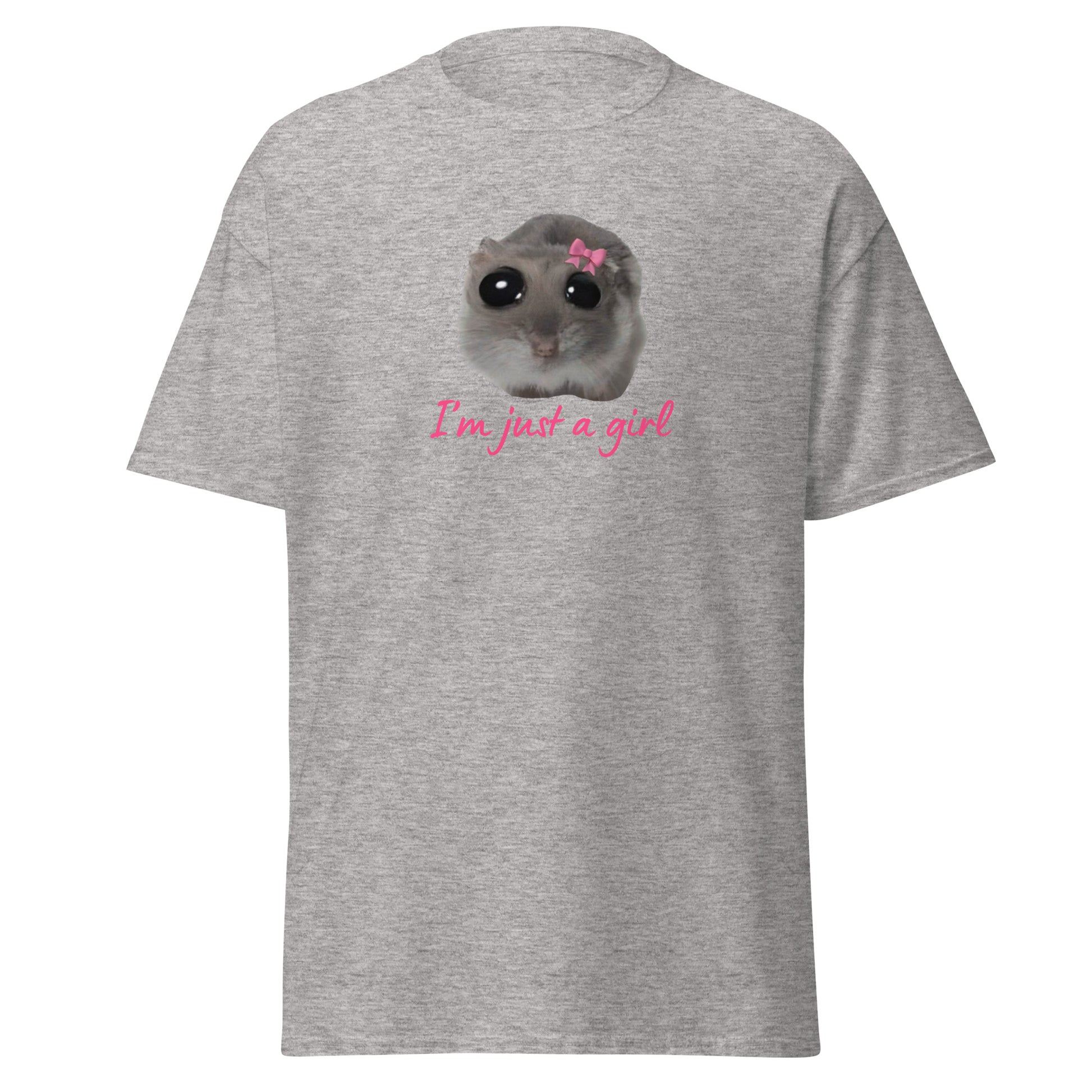 The Im Just A Girl T-Shirt from FunnyDripStore features a cute hamster with a pink bow and large eyes, plus “Im just a girl” in pink cursive—perfect for anyone who loves adorable, quirky text shirts.