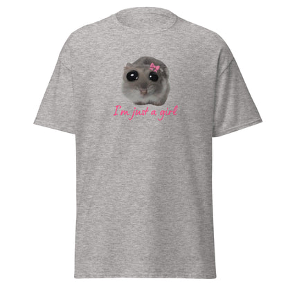 The Im Just A Girl T-Shirt from FunnyDripStore features a cute hamster with a pink bow and large eyes, plus “Im just a girl” in pink cursive—perfect for anyone who loves adorable, quirky text shirts.