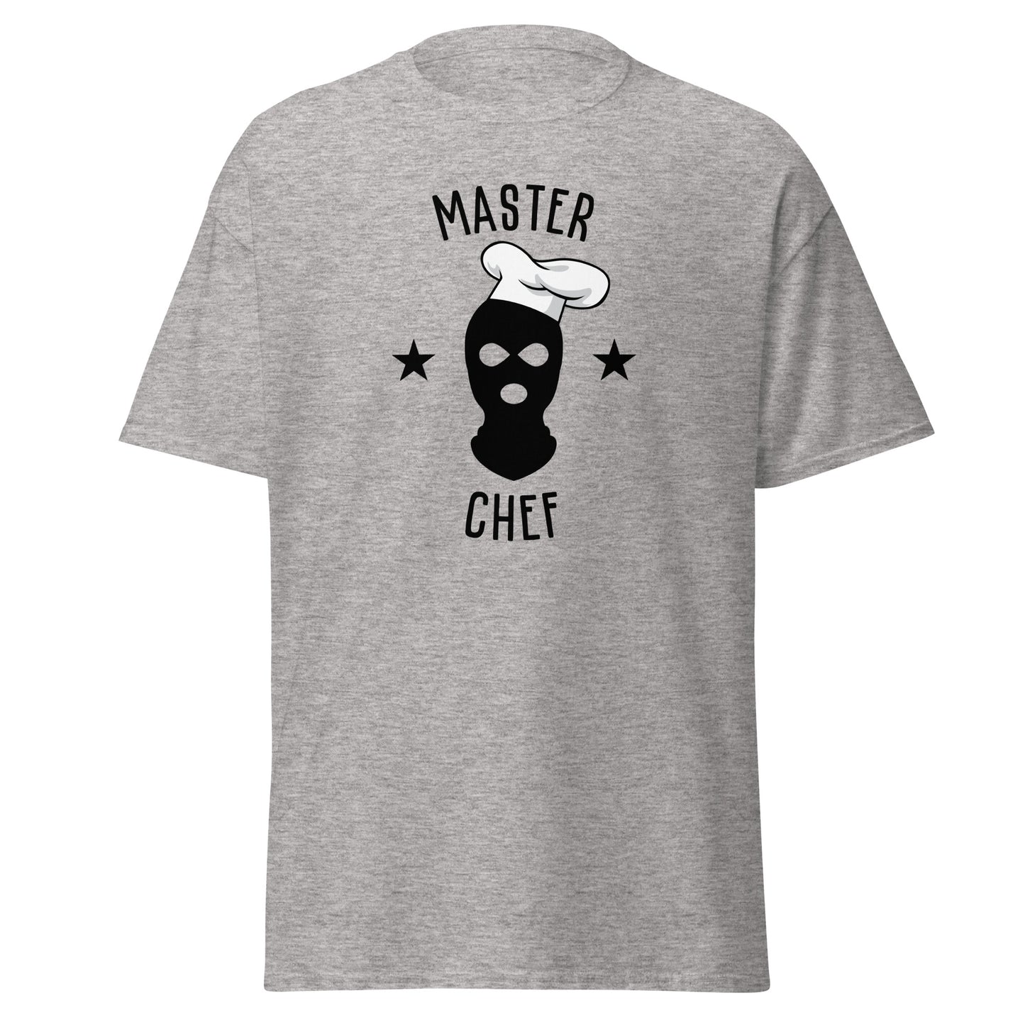 The Master Chef T-Shirt by FunnyDripStore features a black ski mask in a chef’s hat, two black stars, and bold “MASTER CHEF” text above and below the graphic.